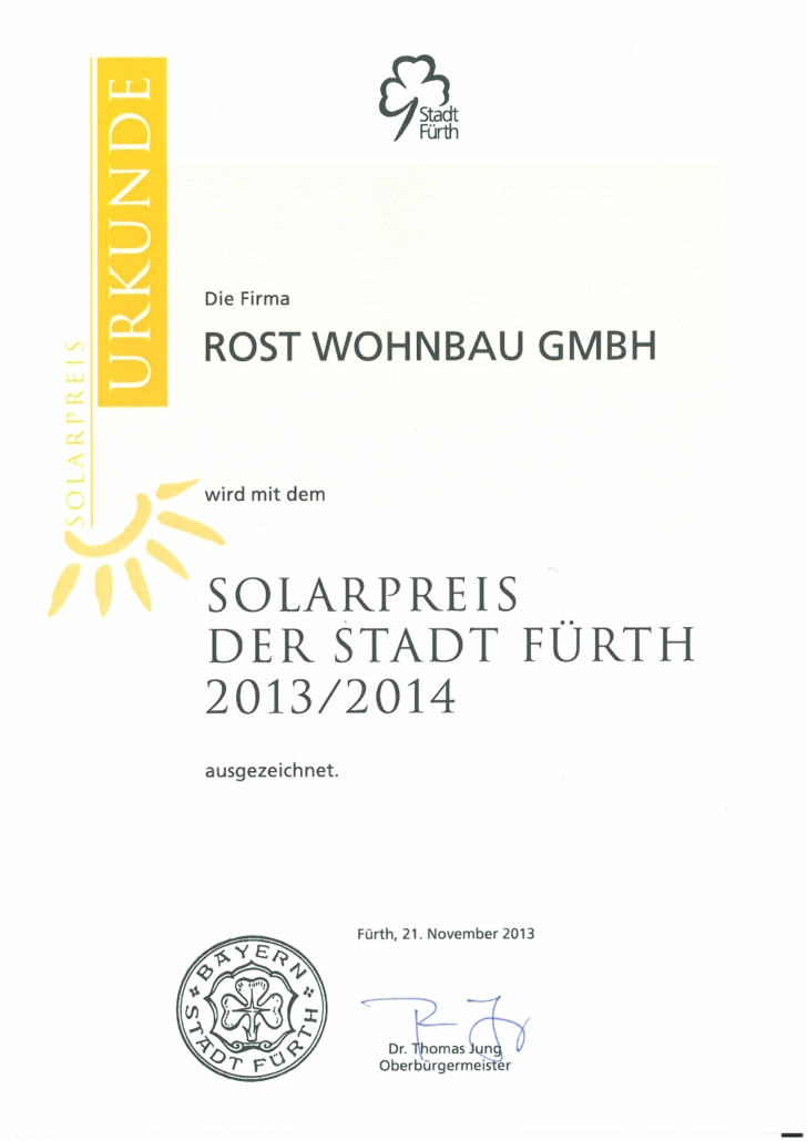 Rost-Wohnbau Zertifikat Solarpreis für Energiesparhaus Immobilie Mehrfamilienhaus